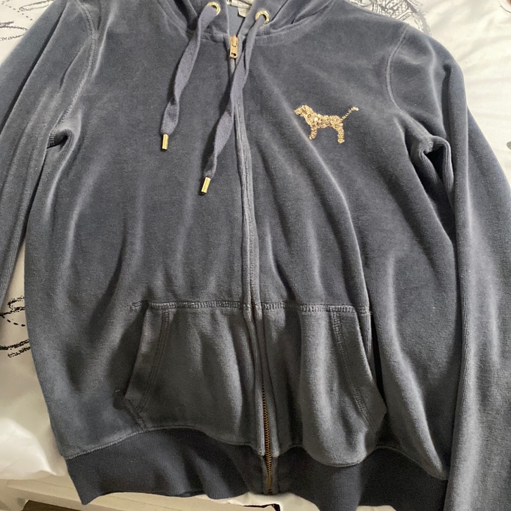 PINK Victoria's Secret zip up hoodie gray velvet gold sequins size small